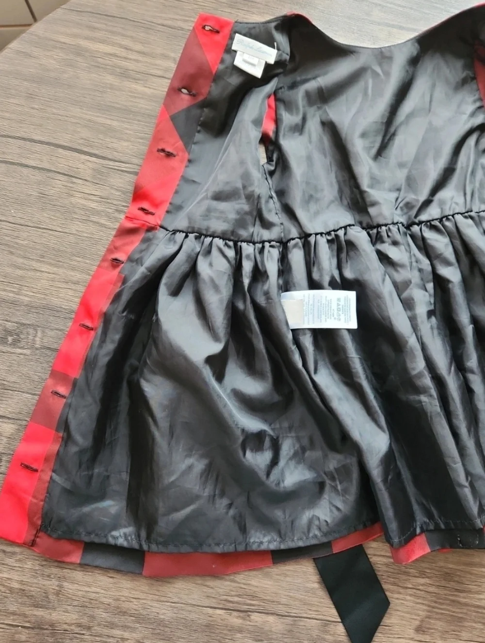 Ralph Lauren 24M Red Buffalo Plaid Taffeta Holiday Dress Black Grosgrain Sash